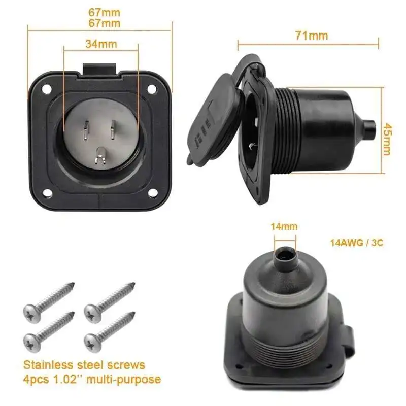 RM-RV155B 15 Amp 125V Inlet Black 3 Wire NEMA 5-15P Straight Blade Flanged RV Power Plug Receptacle