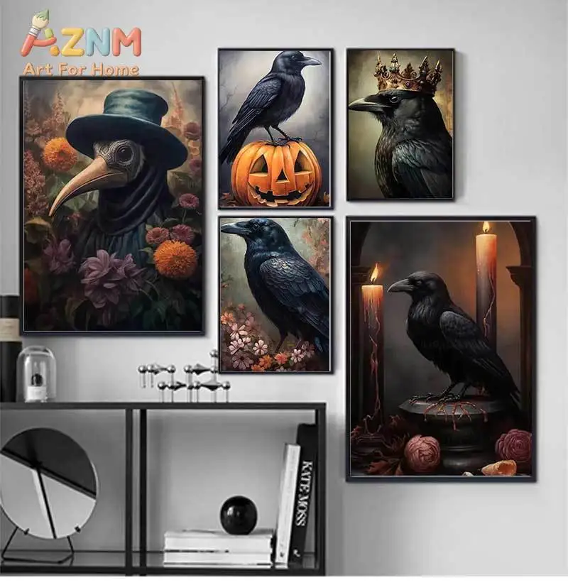 AZNM Gothic Raven Crow Plague Doctor Pumpkin Candle Canvas Wall Art, Dark Vintage Halloween Frameless Canvas Print Poster for Ho