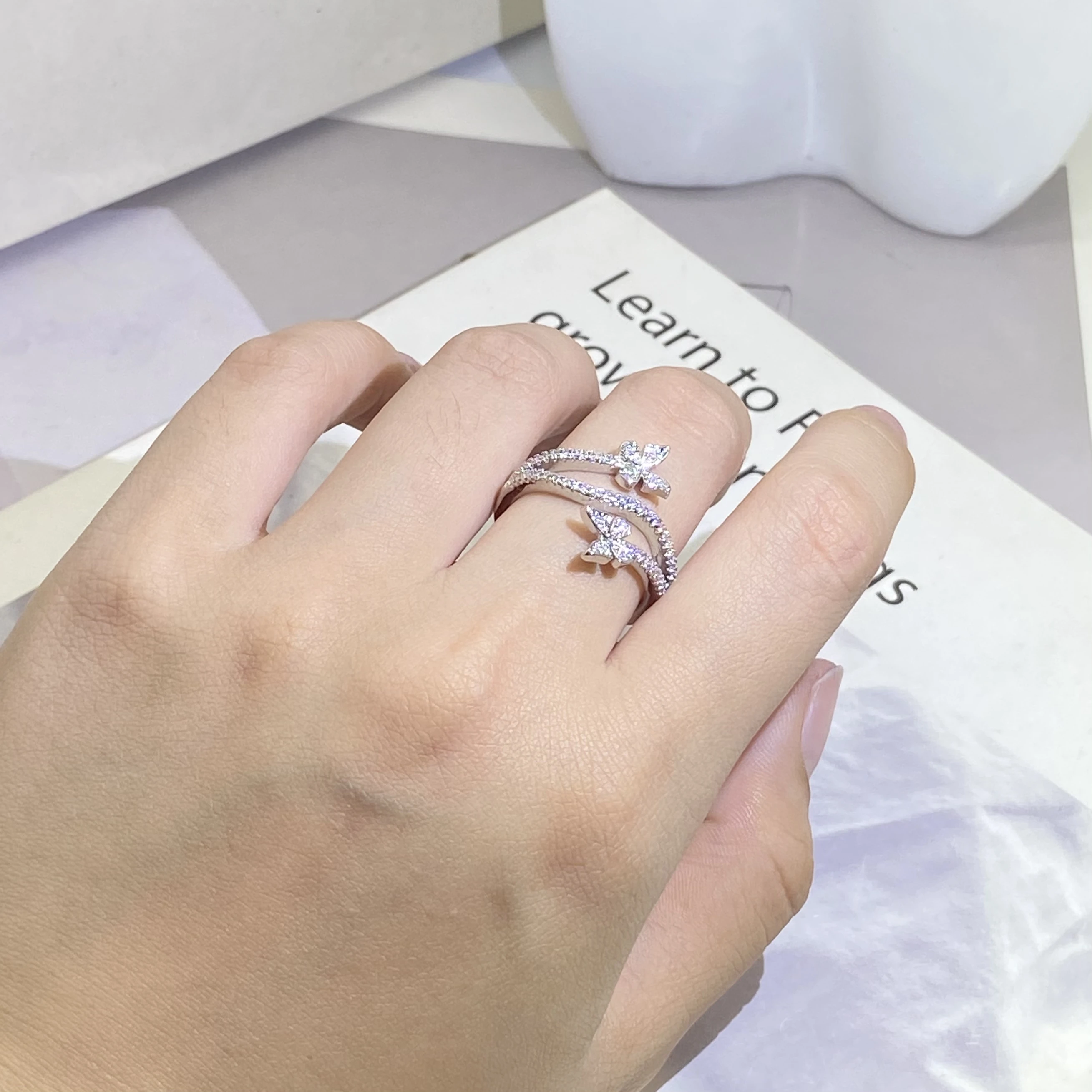 NEW Trend Irregular Double Butterfly Round Full Diamond Couple Ring For Women Geometric Silver-Plated Valentine' Gift Jewelry