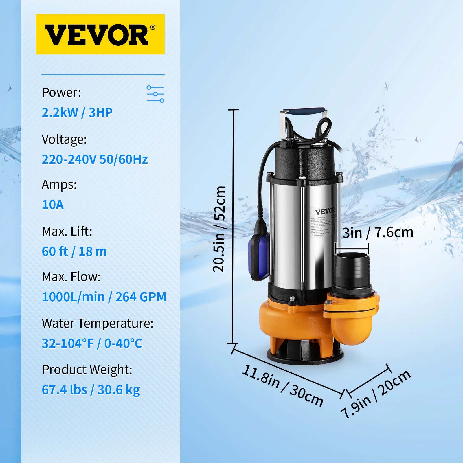 SucceBuy Rioolpomp Dompelpomp Waterpomp 550W - 2200W voor het pompen van water van zwembaden, kelders, bubbelbaden