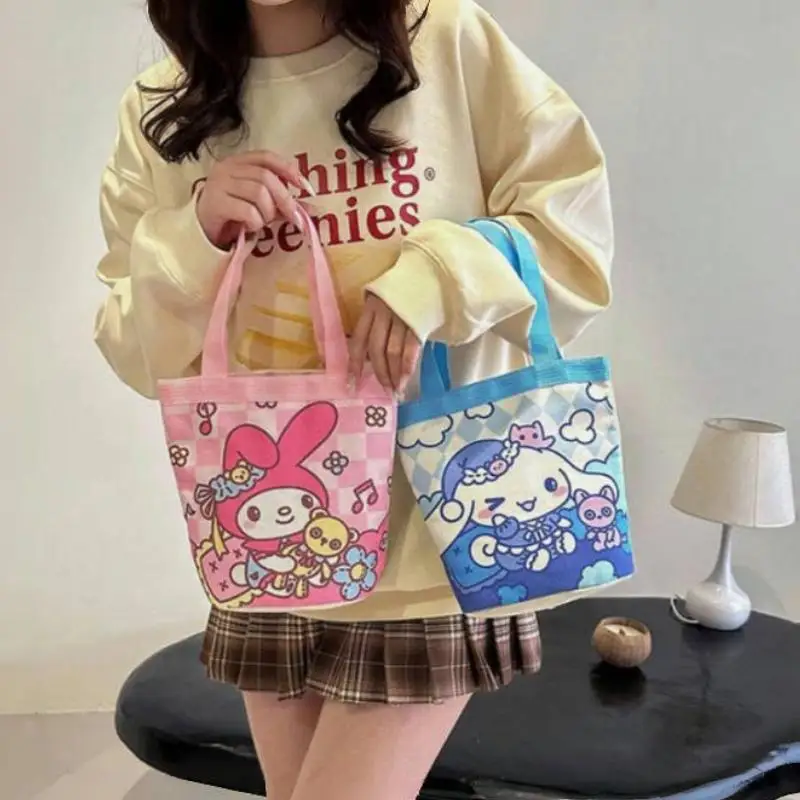 Cartoon Hello Kitty Kuromi Canvas Bucket Bag Korean Style Shoulder Bag Y2K Outing Shopping Bag Women Handbag Student Lunch Bag