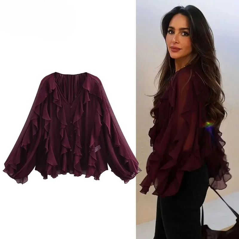 

Ruffle Women's Blouses Semi Sheer Casual Blouses Woman Spring Fairy Shirts and Blouses for Lady Long Sleeve Tops Woman 2025