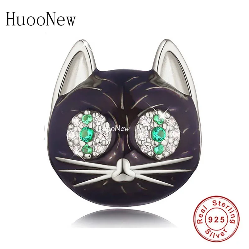 

Fit Original Brand Charm Bracelet Authentic 925 Sterling Silver Black Cat With Green Zircon Eye Bead For Making Women Berloque