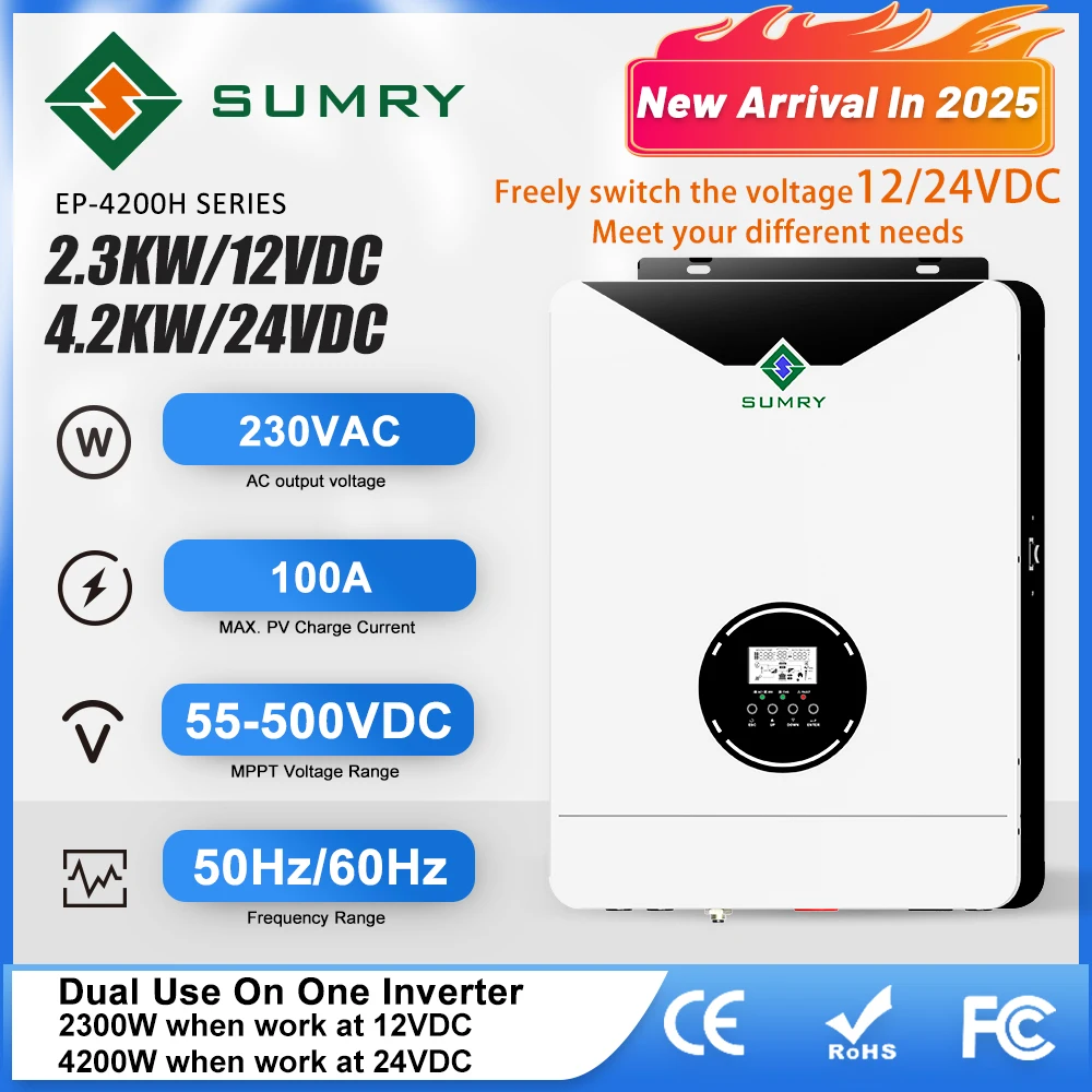 

SUMRY New Arrival 2025 12V/24VDC 2.3kw 4.2kw Dual Voltage 100A MPPT Solar Inverter Pure Sine Wave Inversor Solar Charger