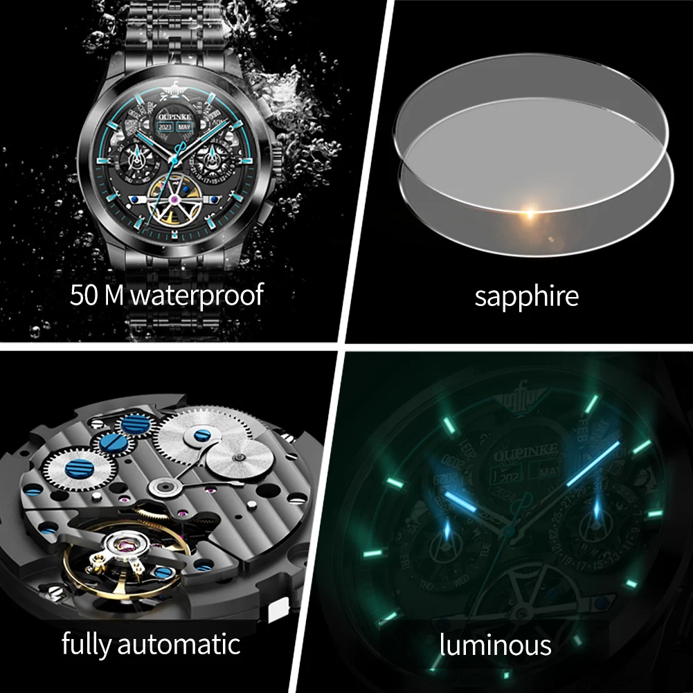 OUPINKE 3235 Original Mechanical Watch For Men Fashion Hollow Waterproof Luminous Wristwatch Week Calendar Stainless Steel Watch