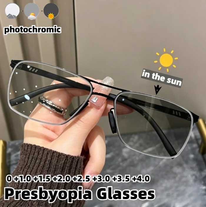 

Photochromic Presbyopia Glasses Unisex Semi Rimless Reading Glasses UV Protection Transition Eyeglasses with Diopters 0 To +4.0