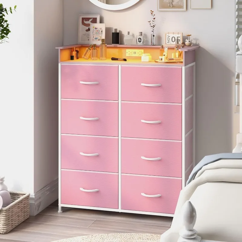 

Pink Dresser for Bedroom with Charing Station Dressers with LED Lights Tall Dresser with 8 Drawers Storage Tower for Closet Livi
