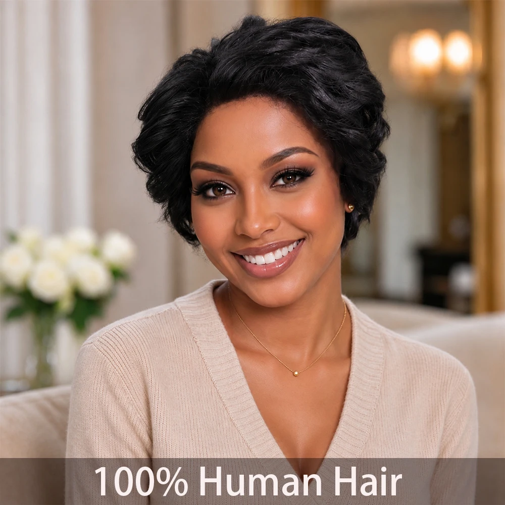 13x4x1 Transparent T Part Lace Front Short Pixie Wig Human Hair  Voluminous Wavy Curly Black Pixie Bob Wig Pre Plucked Natural Hairline