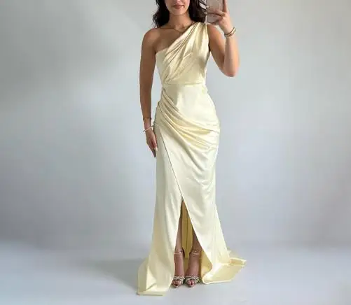 

Women's Dress Summer New French Elegant Fashion Style Solid Color Silk Sloping Collar Off Shoulder Slit Bag Hip Party Dress
