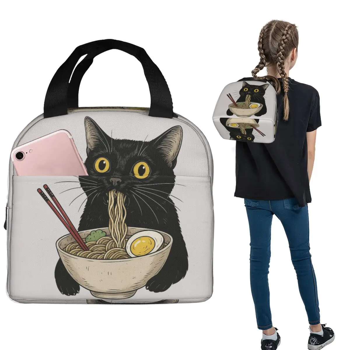 An Adorable Cat Relishing A Bowl Of Ramen Insulated Lunch Bag for Women Children Portable Food Boxes Thermal Lunch Box Tote