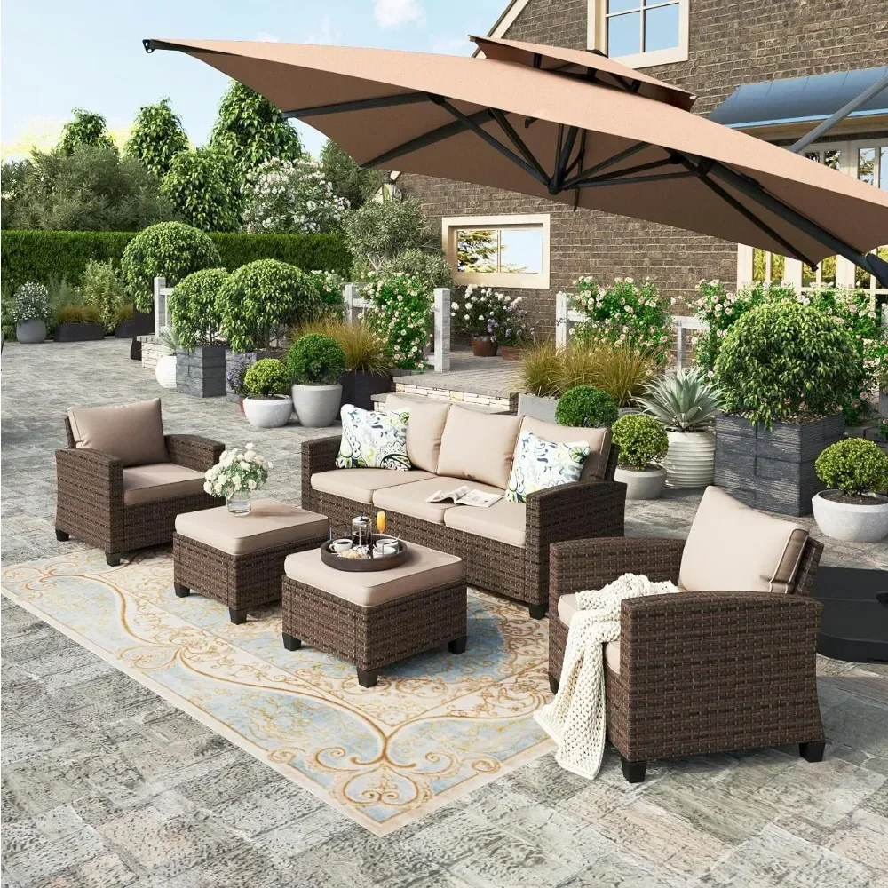 

XMSJ Outdoor Sofa Sets, 2 Single Chair, 2 Ottoman and 3Seat Sofa with Cushions, 7 Seater Outdoor Wicker Sofas Sets