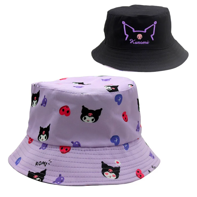 2024 New Cute Fashion Kuromi Print Fisherman Hat Cartoon Animation Kuromi Embroidery Reversible Sun Hat Basin Hat Decoration