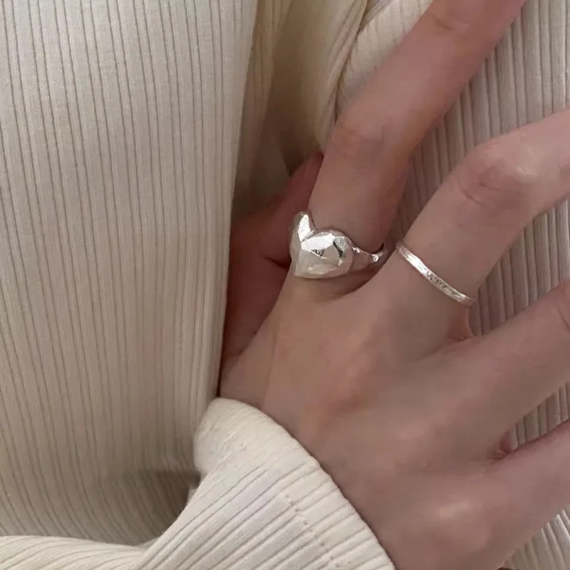 925 Sterling Silver Rings For Women Simple Minimalist Retro Heart Open Finger Ring Fashion Band Female Bijoux Gift