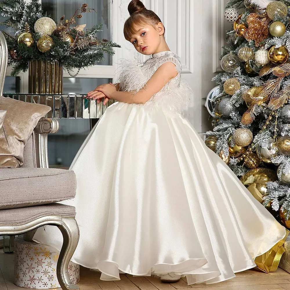 Jill Wish-Robe de Luxe Arabe Blanche pour Fille, Tenue de Princesse avec Perles et Plumes, pour ixd'Anniversaire, Mariage, Première Communion, 2025, J398