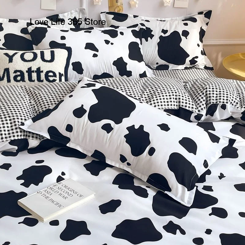 

Cow Spot Bedding Set Black And White Home Textile Reactive Printing Duvet Cover Plaid Bed Flat Sheet Pillowcases Queen Full Size