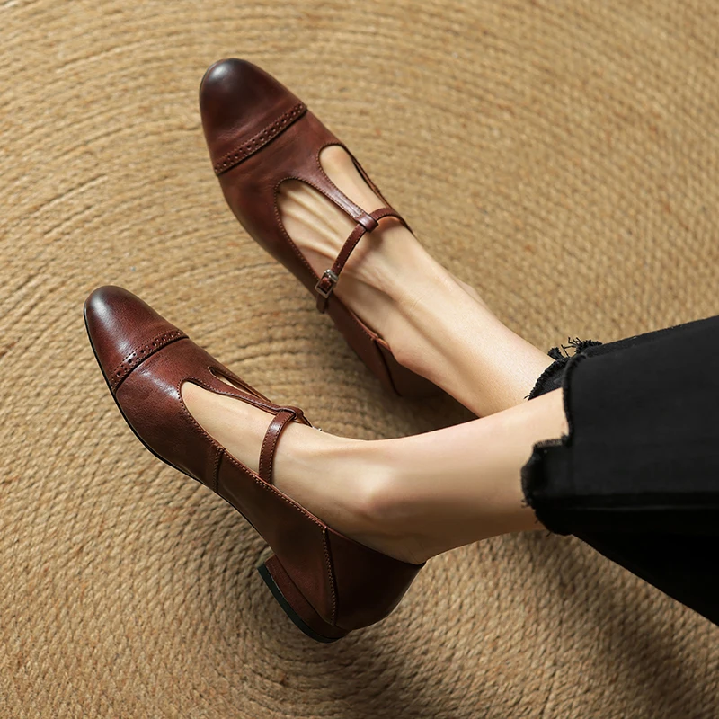 Dilalula 2026 Top Quality Cow Leather women's T-Strap Pumps British Style Med Heels Office Lady Pumps Female Dress Party Shoes view 4