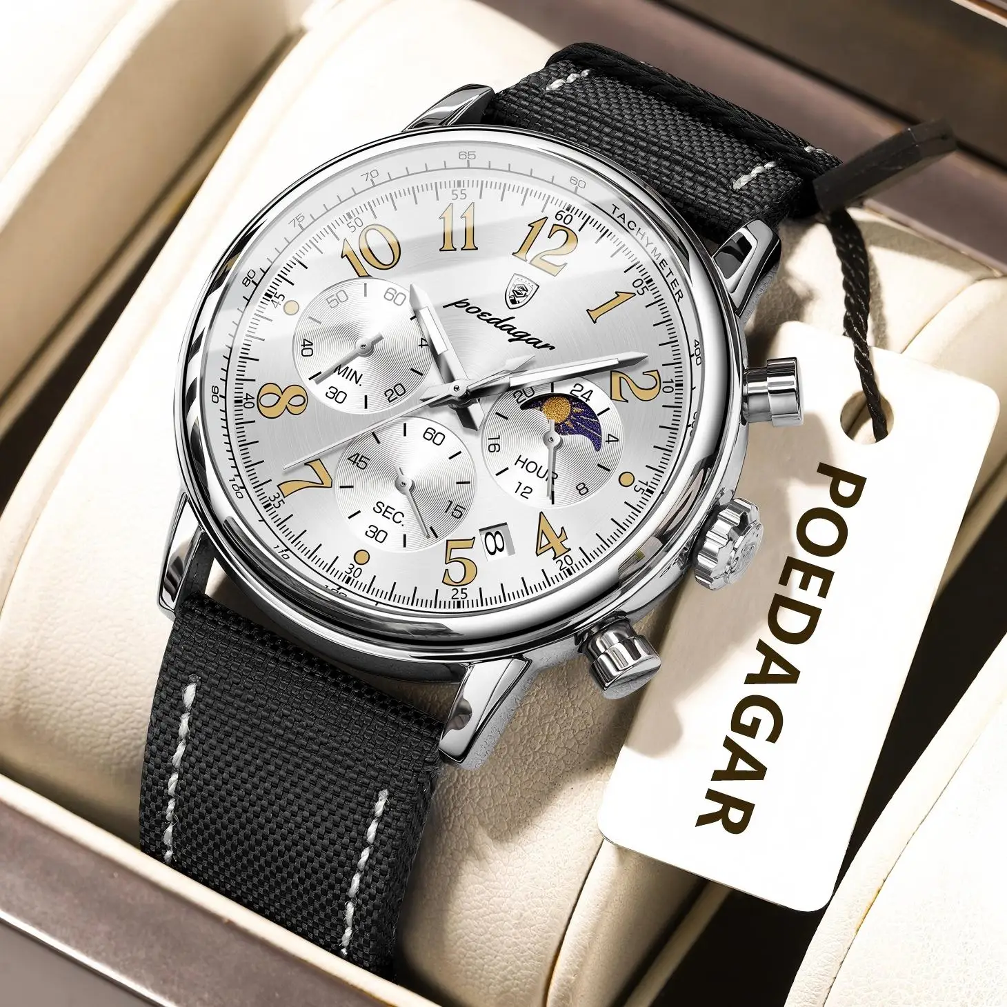 POEDAGAR Fashion Nylon Leather Man Wristwatch Waterproof Luminous Chronograph Date Classic Men Watch Quartz Casual Men's Watches