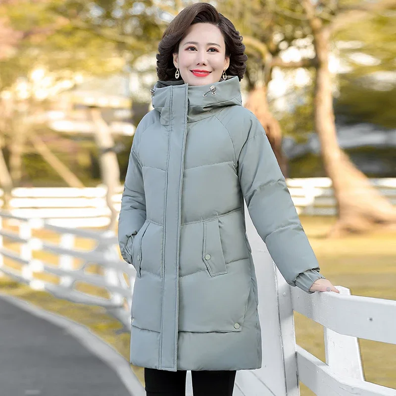 Veste d'hiver rembourrée en coton à capuche, parka épaisse en polaire de couleur unie, pardessus chaud et ample, manteau de neige pour grand-mère d'âge moyen et grand-mère