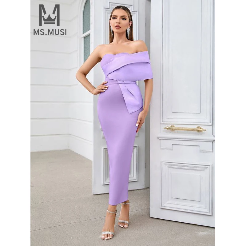 

MSMUSI 2024 New Fashion Women Sexy One Shoulder Off The Shoulder Draped Sleeveless Backless Bodycon Party Club Event Midi Dress