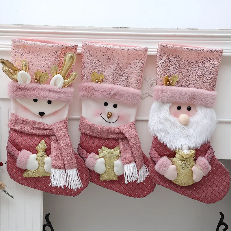 1pc, Christmas stockings, pink stockings snowman, reindeer, Santa Claus decoration family holiday christmas party decoration