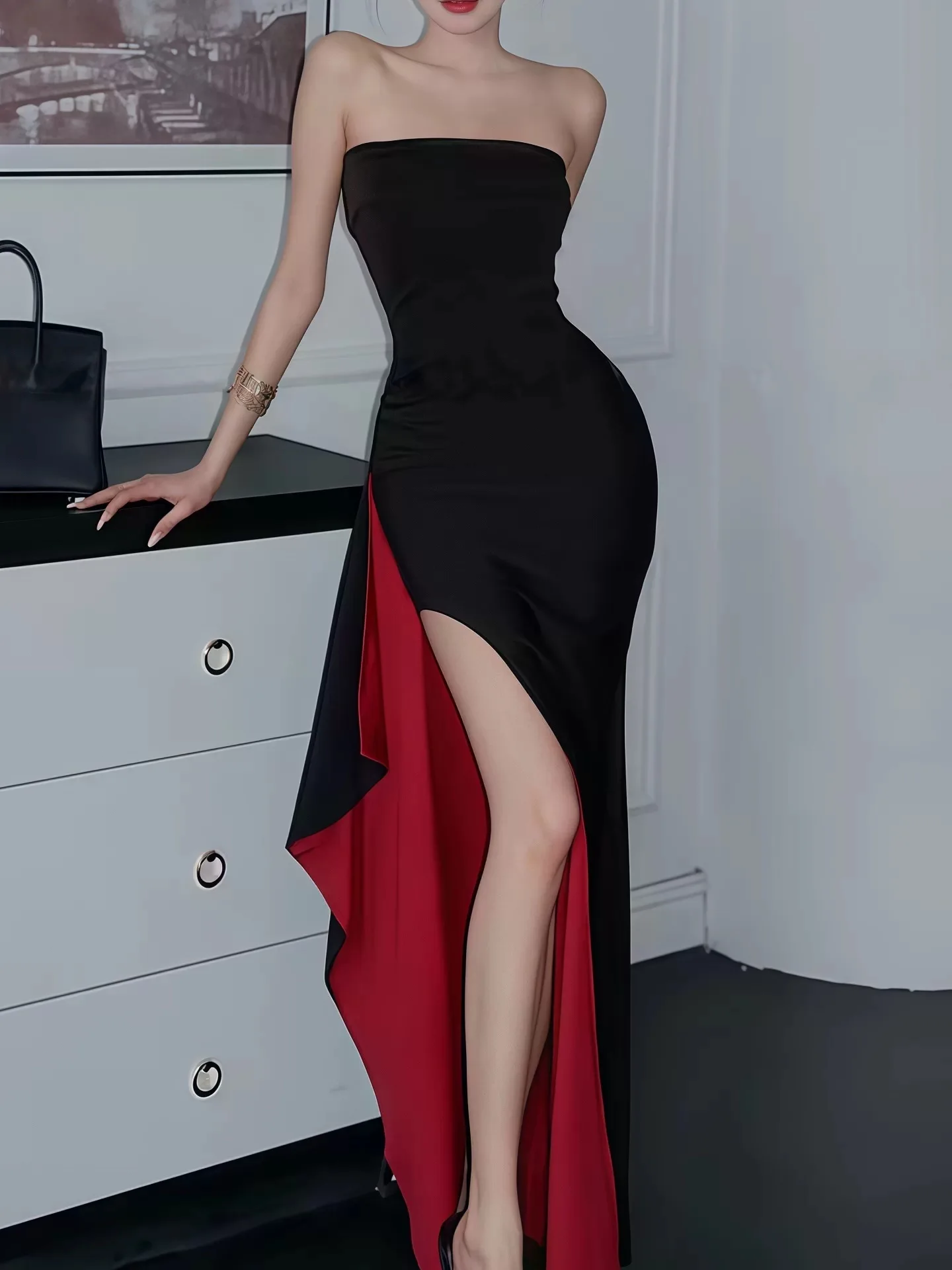

plus Size Women's Red Bottom Tube Top Dress Summer Slim Fit Split High Waist French Style No Sleeve Long Dress for Date And P...