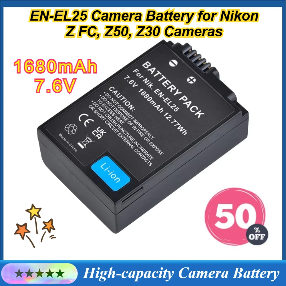 

High-capacity 1680mAh 7.6V EN-EL25 Camera Battery for Nikon Z FC, Z50, Z30 Replacement Cameras Batteries