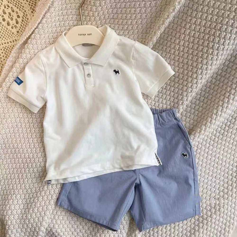 Children\'s Clothing Summer New Top Korean Version Versatile Pure White Polo Shirt Short Sleeved T-shirt and Shorts Baby Boy Top