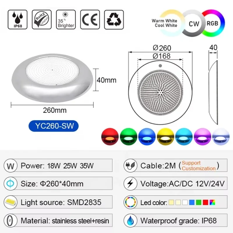 12V Ac Stainless Steel Resin Filled Ip68 Waterproof Rgb Underwater Swim Led Pool Light With High Quality