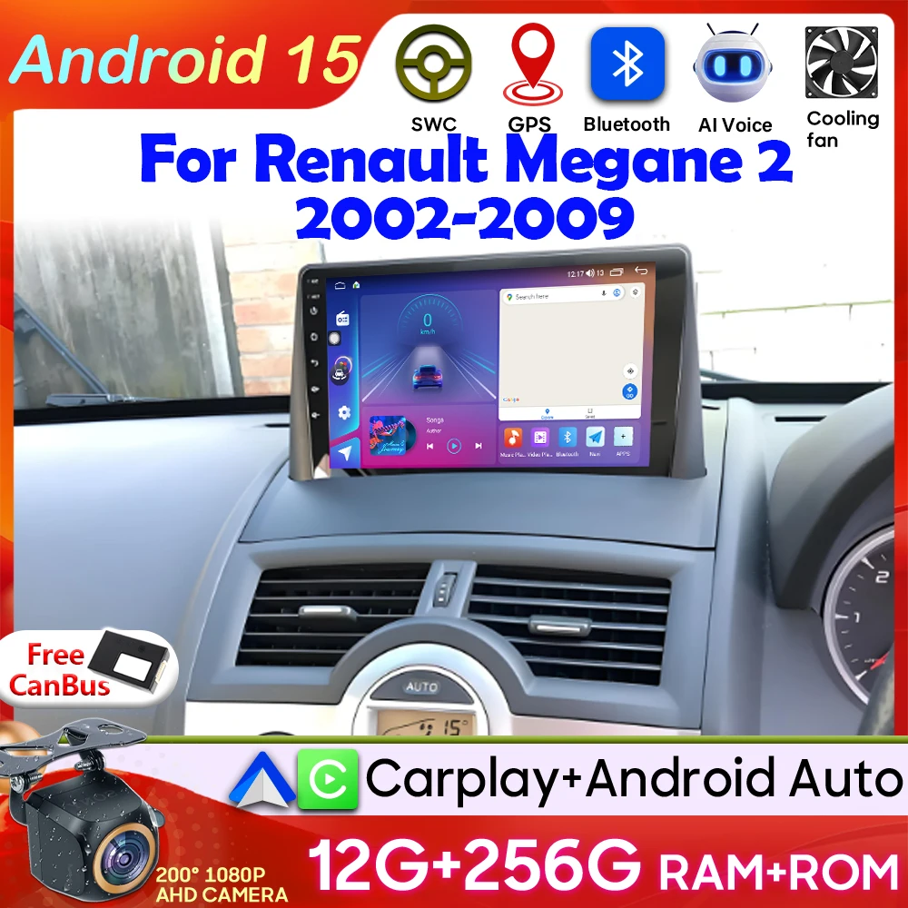 Carplay para Renault Megane 2 2002-2009 Android 15 Radio de coche No 2din Monitor de coche pantalla estéreo DVD BT Autoradio pantalla DSP GPS