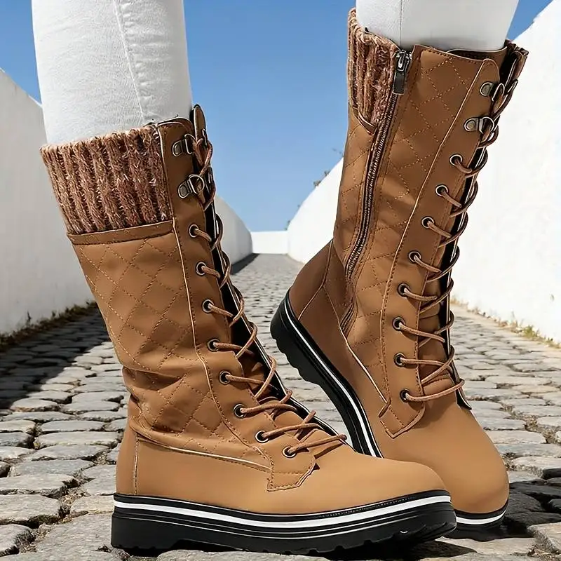 

New women's boots, plaid lace up side zipper boots, brown round toe mid calf women's boots
