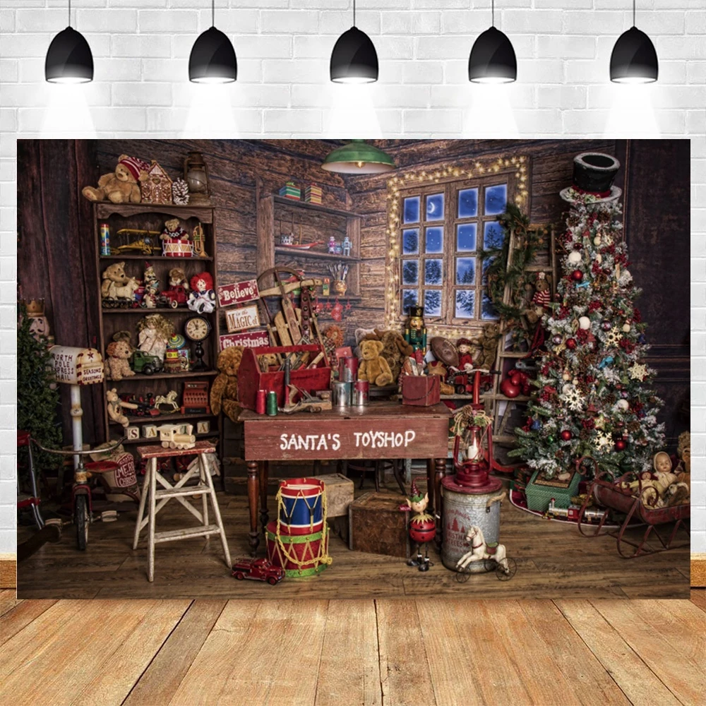 Toile de fond de Noël pour la photographie, cadeaux de Noël, arbre, cheminée, boutique d'ours, décor de fête de vacances, portrait pour enfants et adultes