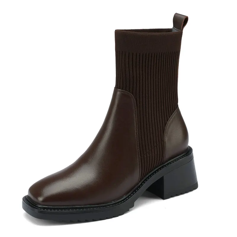 

Vintage Women Ankle Boots Autumn Winter Party Office Ladies Square Toe Thick High Heels Genuine Leather Knitting Shoes Woman