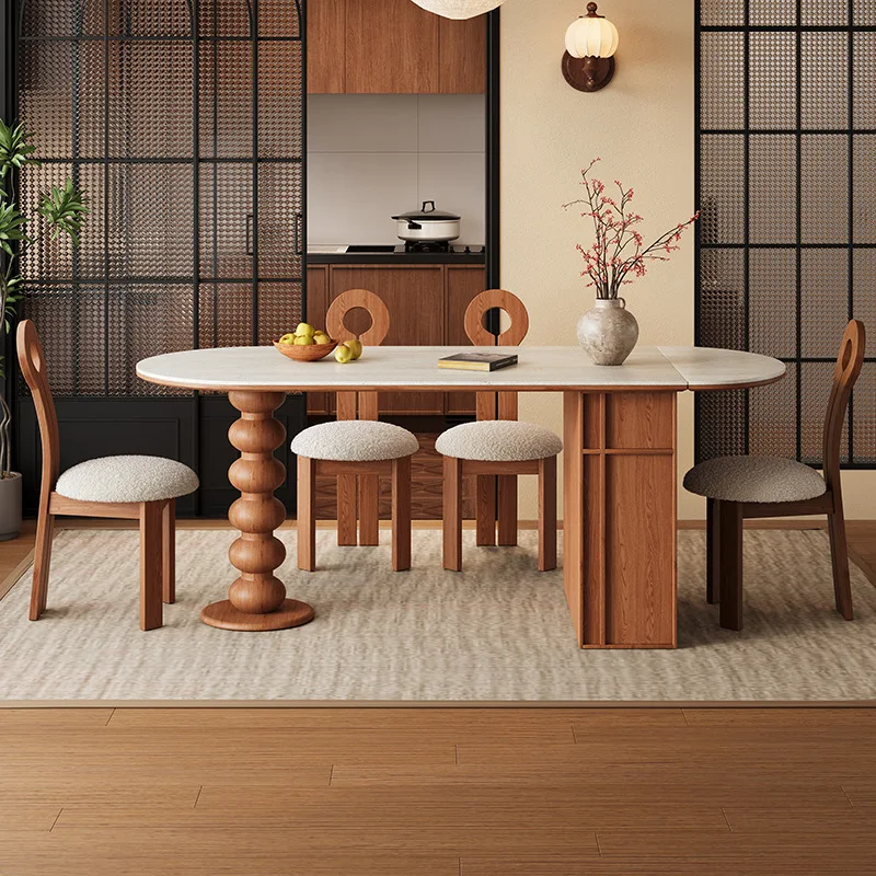 French retro travertine rock slab dining table, oval foldable storage dining table