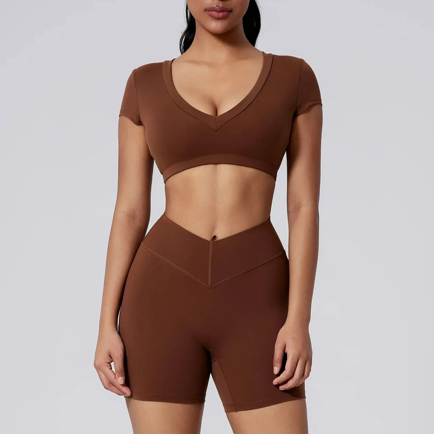 Women Outdoor Sports Sets Deep V Crop Tops Shorts Tracksuits Gym Running Training Yoga Suits Tops Short Leggins Tights 2 Pieces