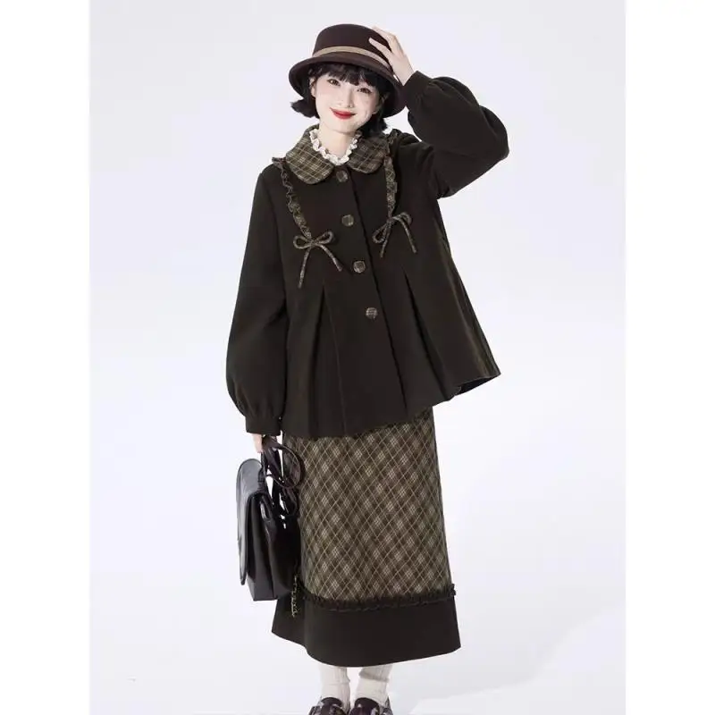 

Японское шерстяное пальто с кукольным воротником и призматической строчкой для женщин, осеннее стеганое короткое пальто в стиле ретро на шнуровке