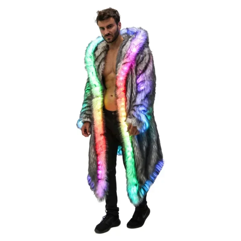 Men LED Coat Long Hooded Faux Fur Jacket Light Up Rave Clothes EDM Festival Carnival Cosplay Costume Winter Warm Outfit New