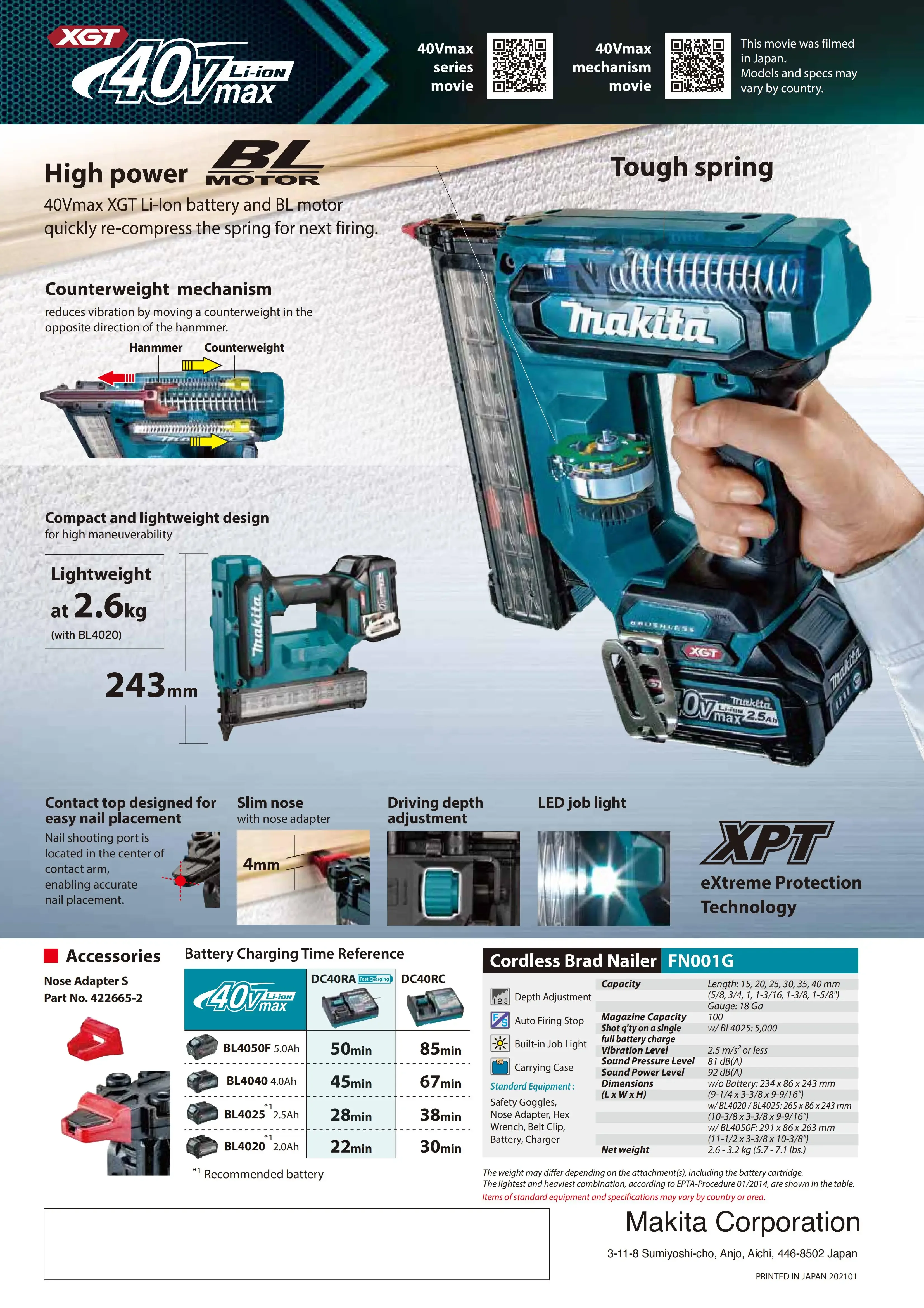 Makita FN001GZ Brushless Cordless 18 Gauge Brad Nailer 40V XGT Lithium Power Tools Nail Gun