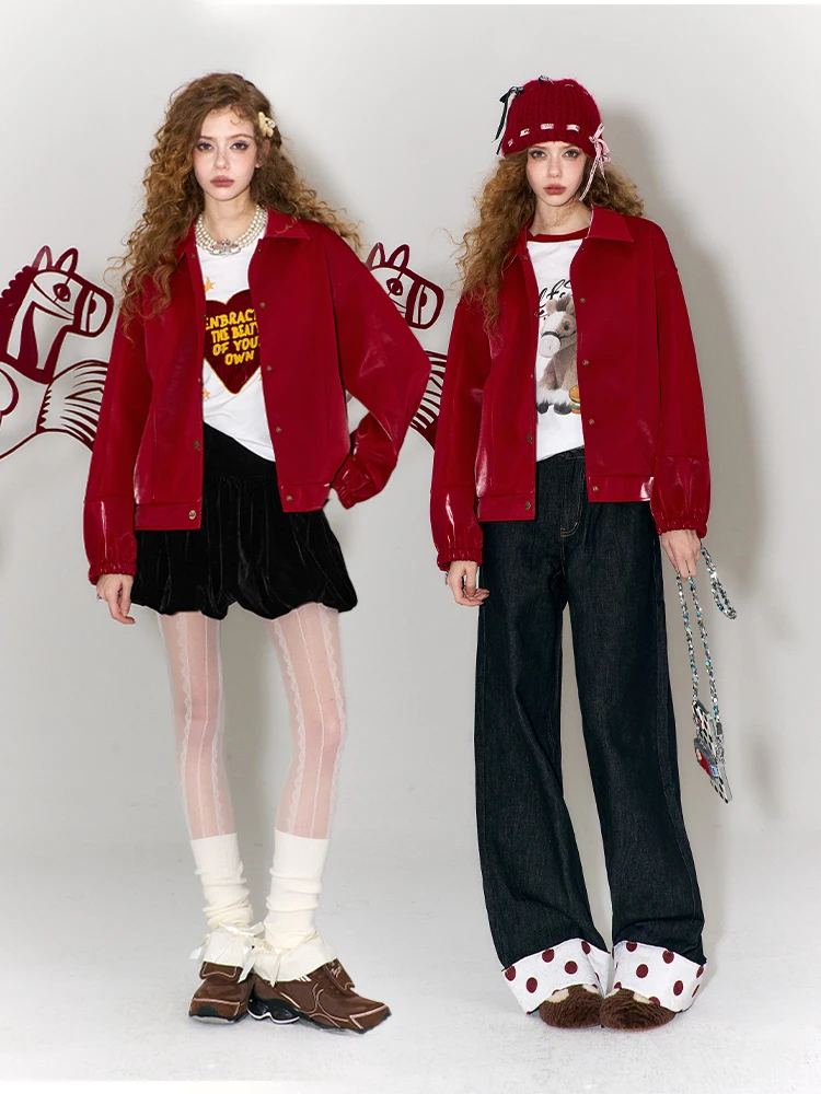 Ele Red Embroidered  Motif Leather Jaet Women's Winter Outerwear New Year's Robe Casual Loose Fit PU Leather