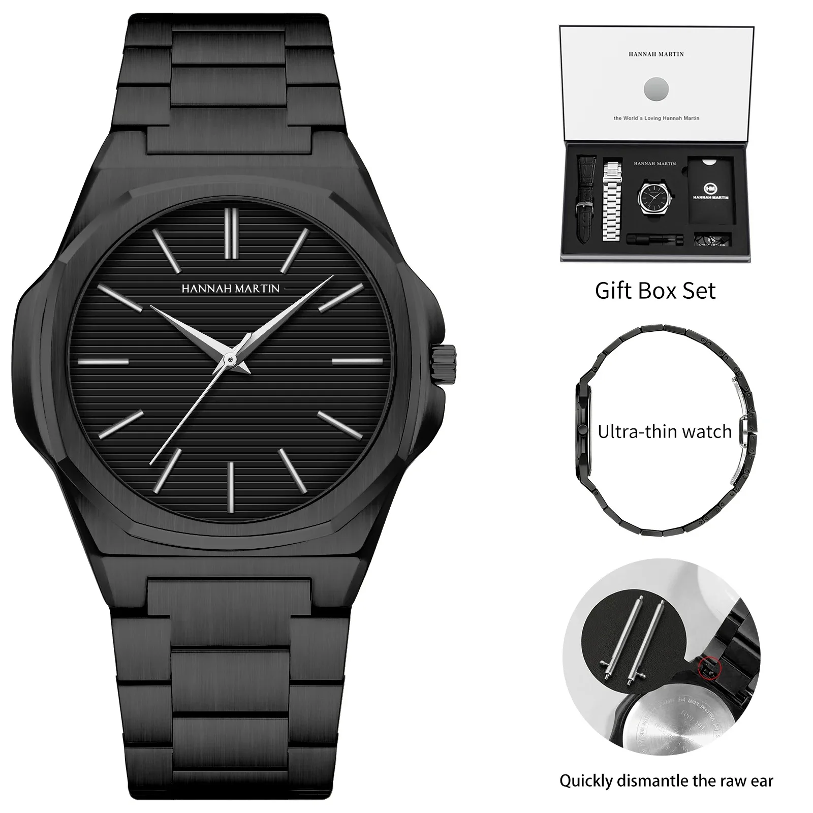 Hannah Martin Quartz Watch Men Hot Ultrathin Japanese Movement Black Steel Business Watch Replaceable Leather AAA Watch Clock