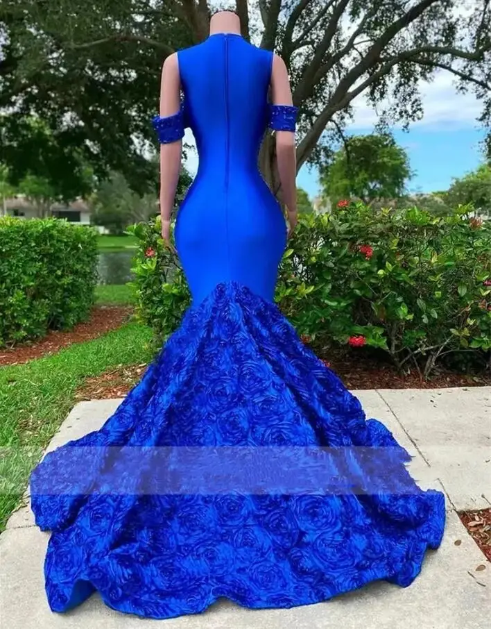 Royal Blue Mermaid Prom Dress 2023 For Black Girls Mesh Glitter Sequins Ruffle Crystal Off Shoulder Party Gown Robe De Bal