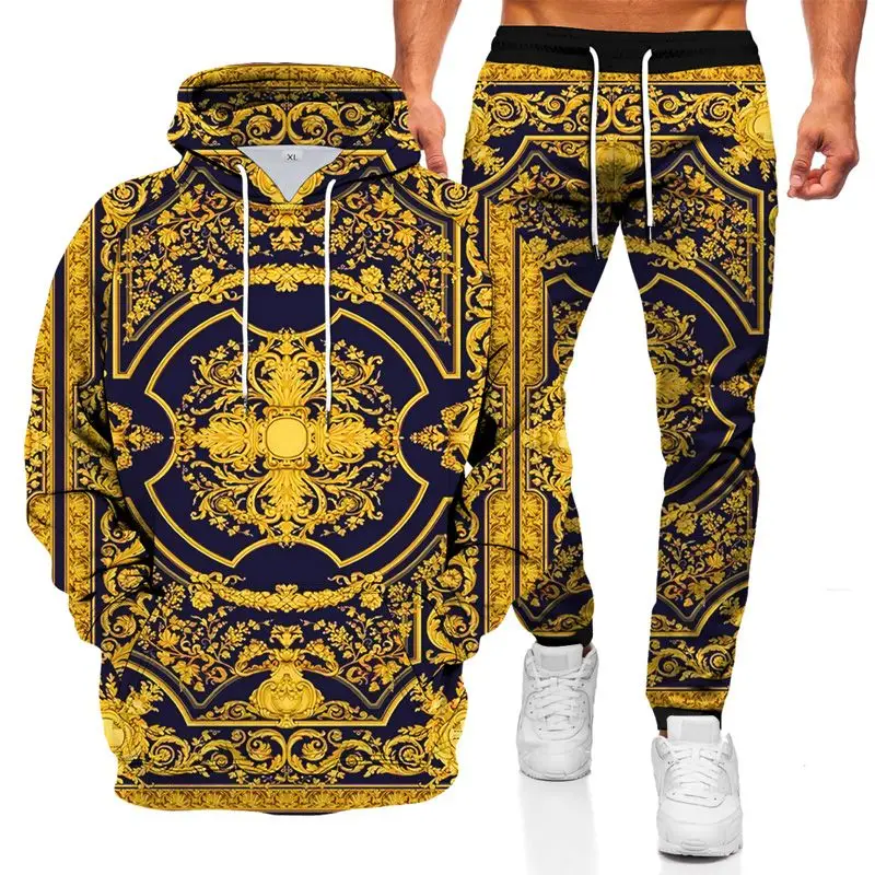 Men\'s Hoodies Sweatshirts Pants Suits 3D Geometric Printed Hoodie Sports Suit Fashion Tracksuits Outfits Mens Clothing 2Pcs Sets