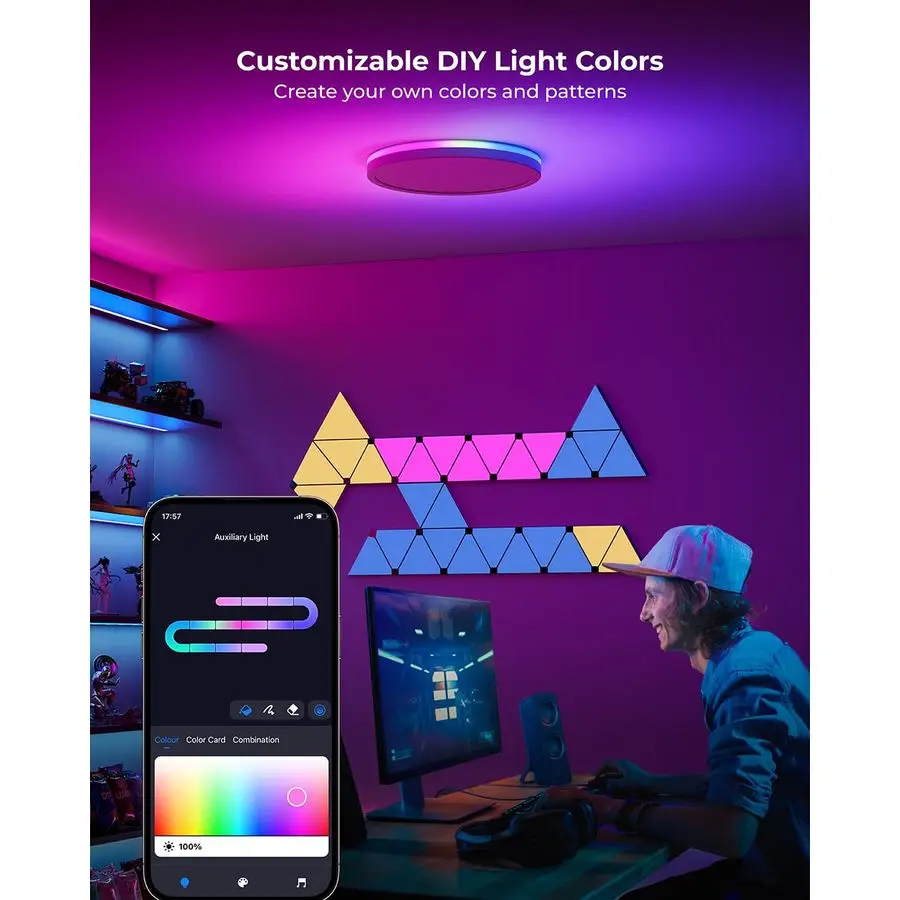Smart LED Ceiling Light WiFi, 12IN RGB Flush Mount Light Fixture, DIY Colors, Compatible with Alexa Google Home, 3000K6500K Ceil