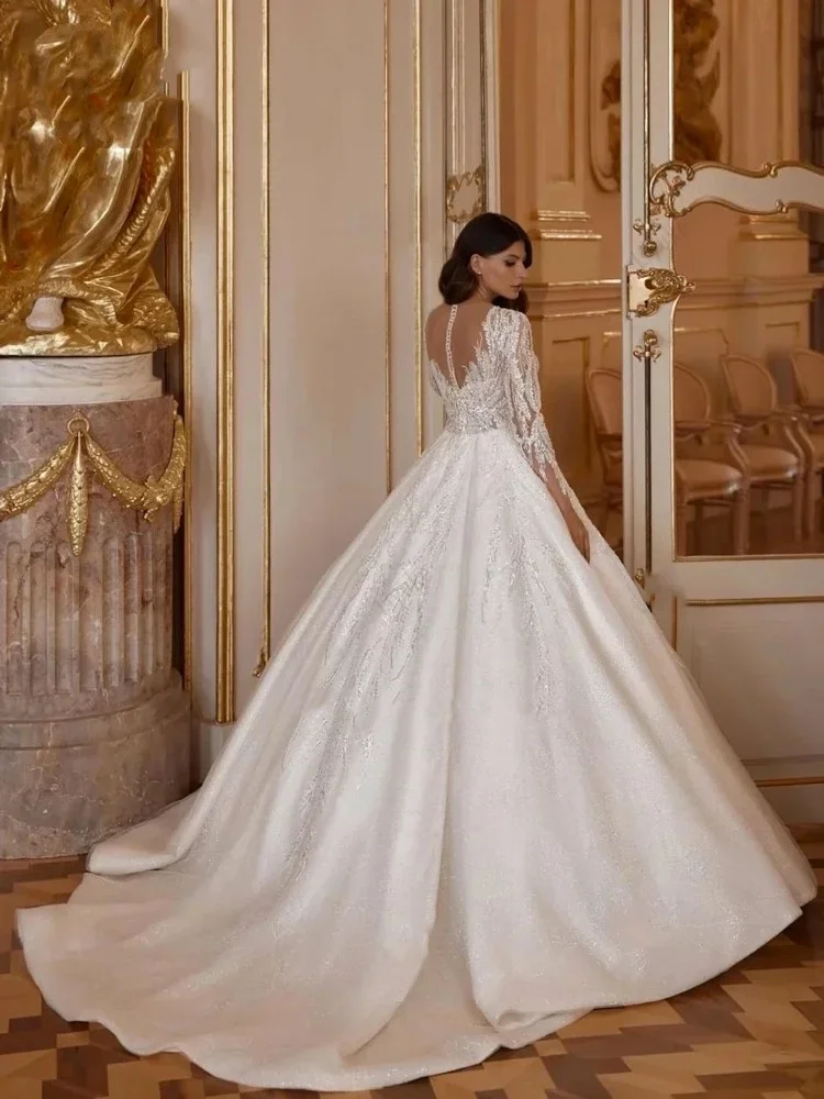 Flavinke personalizado brilhante miçangas apliques rendas com decote em v vestidos de casamento mangas completas robe frisado vestidos de noiva novia