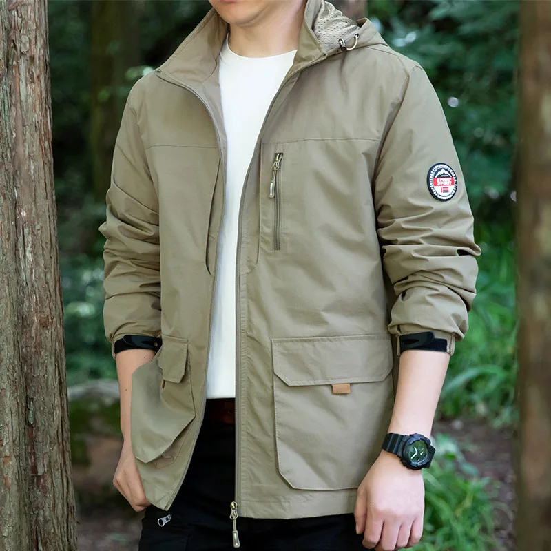 Spring Autumn Men's Outdoor Windproof Waterproof Multi-Pocket Hooded Tooling Loose Large Size Casual Sports Jacket