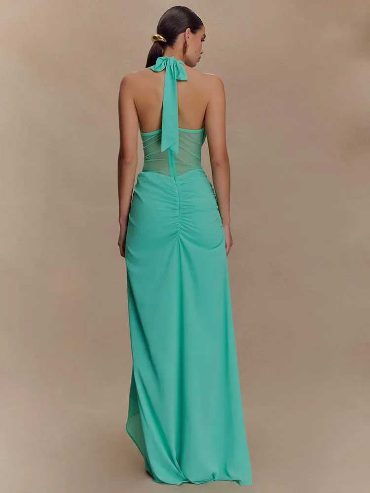 XIAOTANG Halter V Neck Backless Sexy Maxi Dress Women Gown Fashion Elegant Mesh See Through Sleeveless Bodycon Club Long Dress