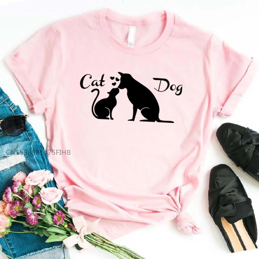 

Love Friendship Between Dog Cat Women Basic Tshirt Premium Casual Funny T Shirt Gift For Lady Yong Girl Top Tee