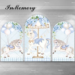 Boy Theme Blue Carousel Pattern Arch Backdrop Covers for Parties Arched Panels Baby Shower Birthday Party Decoration Prop