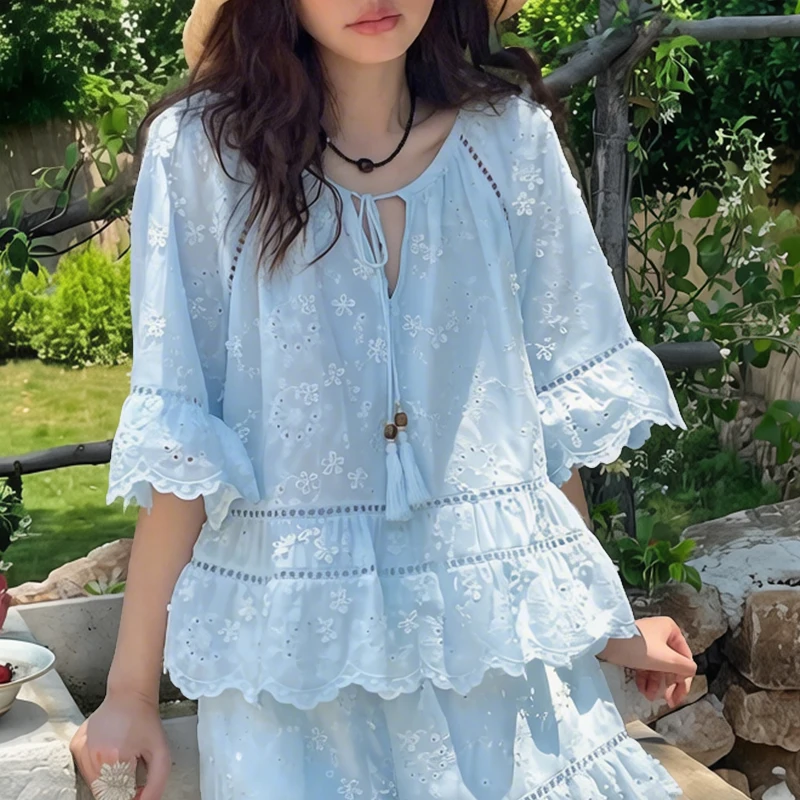 ZANZEA Vacation Holiday Tunics Fashion Lace Tunic Women Blouse Solid Color Tops 3/4 Sleeve Blusas Casual Loose Tops