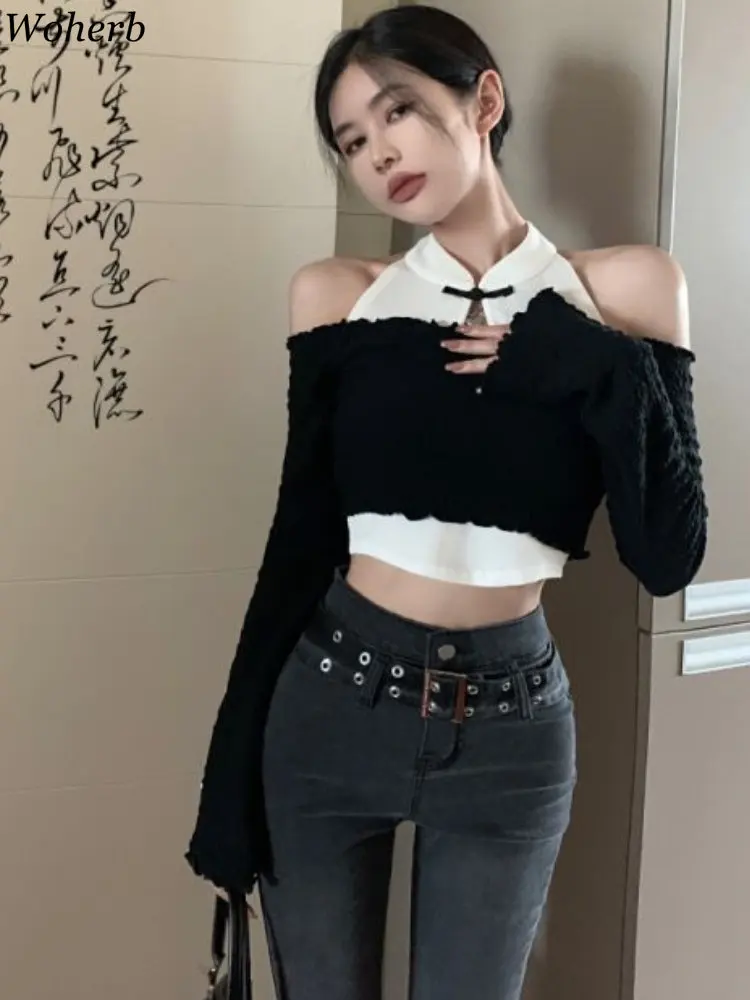 Woherb Sexy Two Pieces Set Women Long Sleeve Off Shoulder Crop Top + Sleeveless Tank  Korean Y2k Aesthetic Chic Outfits