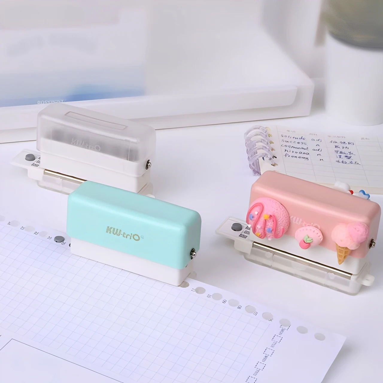 1PC portable multi-function 6-hole punch, mini handheld with built-in ruler and scrap container, suitable for DIY crafts.